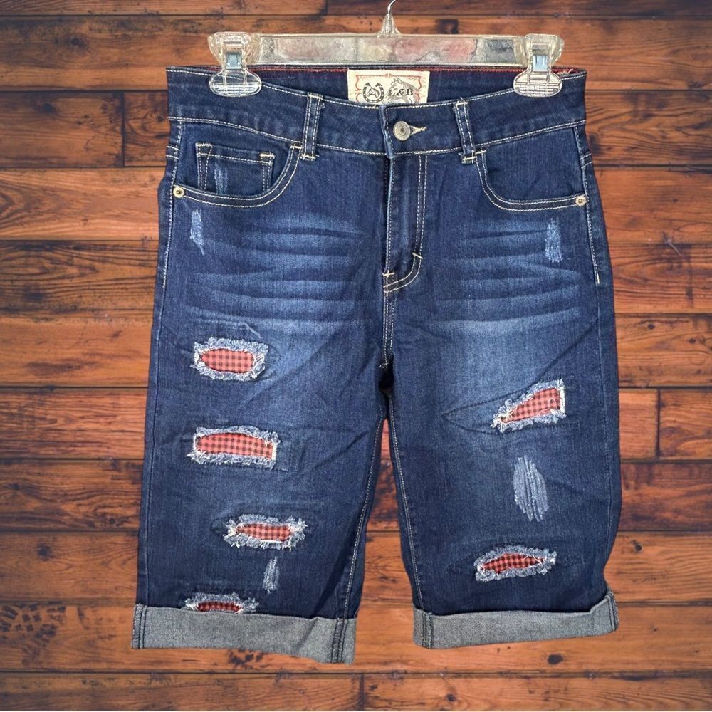 Lucky & Blessed Distressed Dark Blue Denim Bermuda Shorts with Red Plaid Patches
